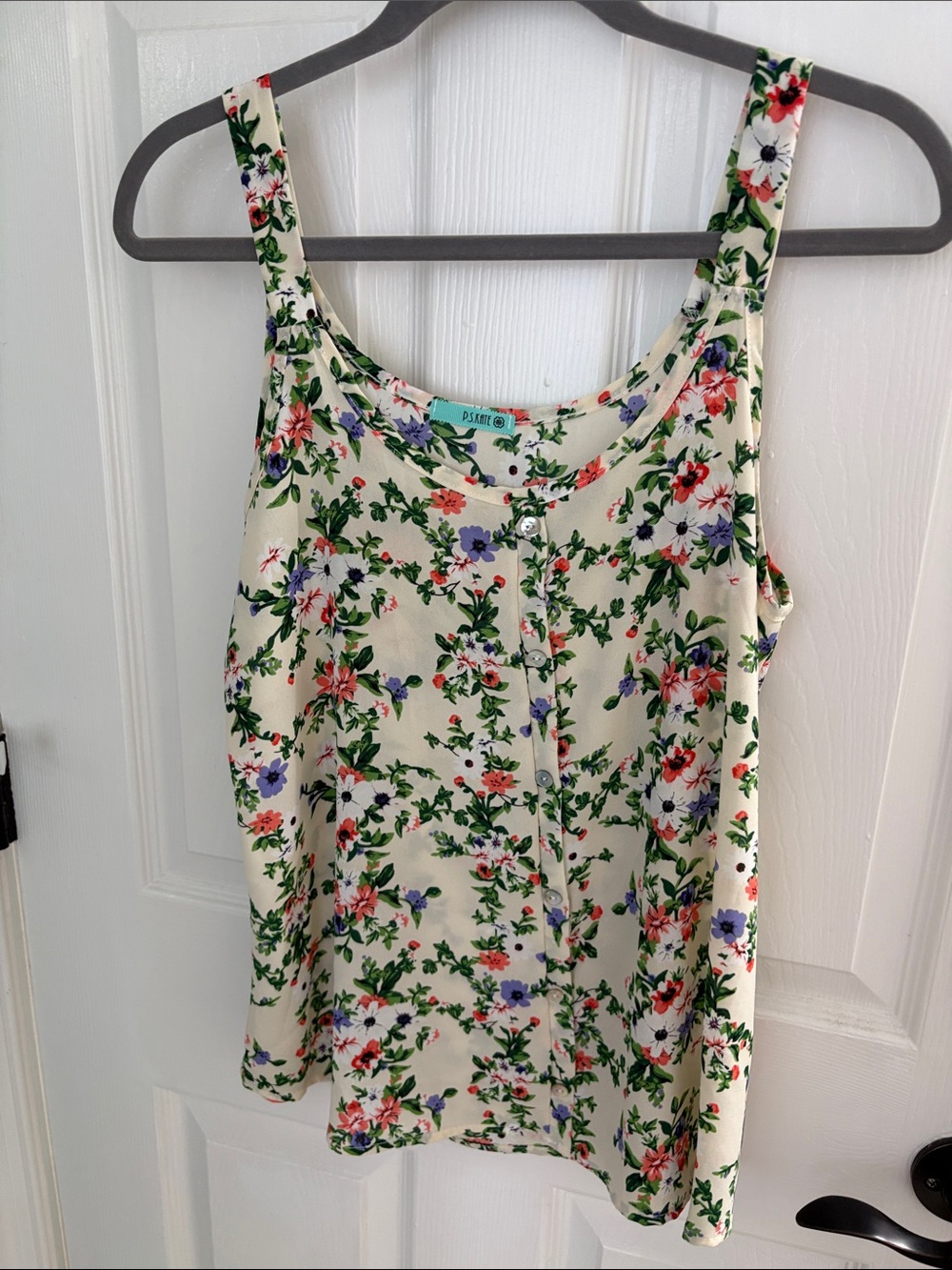 PJ Salvage Cream Floral Button-Front Tank with Green Leaf Print